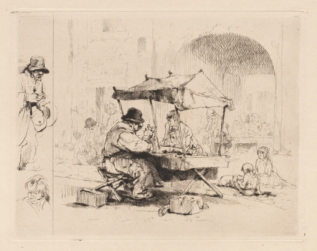 [Merchant in his stall with children playing] by Auguste Brouet, print, 1902-1941
