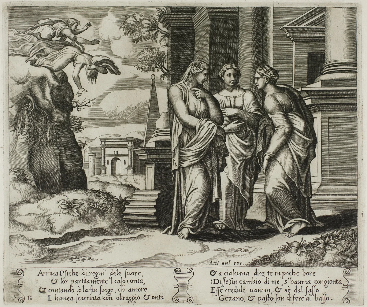 Psyche Telling Her Misfortune to Her Sisters by Raffaello Sanzio, print, 1530-1540