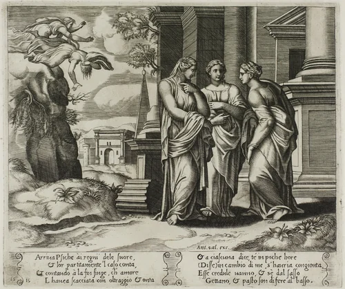 Psyche Telling Her Misfortune to Her Sisters by Raffaello Sanzio, print, 1530-1540