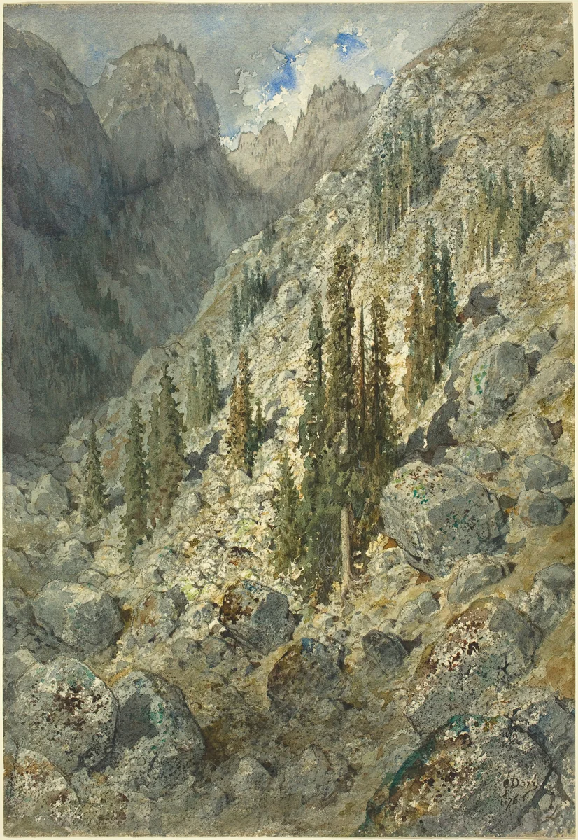 An Alpine Valley with Trees and Boulders by Gustave Doré, drawing, 1876