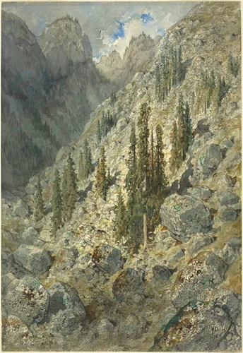 An Alpine Valley with Trees and Boulders by Gustave Doré, drawing, 1876