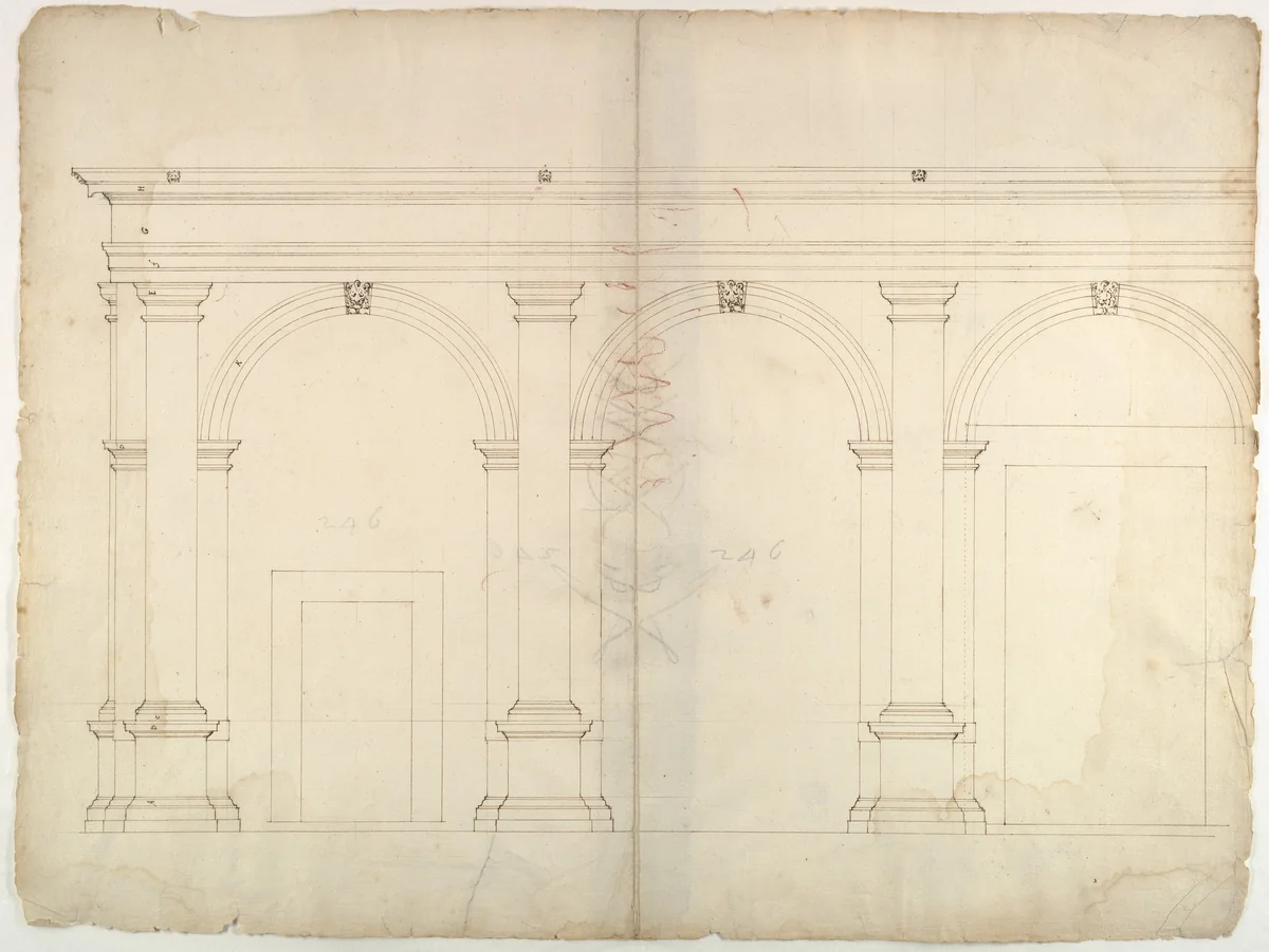 S. Maria in Domnica, portico, elevation (recto) blank (verso) by anonymous, drawing, 1500-1560