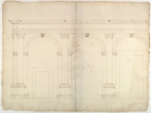 S. Maria in Domnica, portico, elevation (recto) blank (verso) by anonymous, drawing, 1500-1560