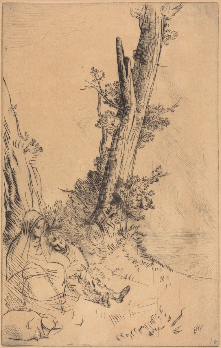 Travelers Resting (Les voyageurs fatigues) by Alphonse Legros, print, 1837-1911