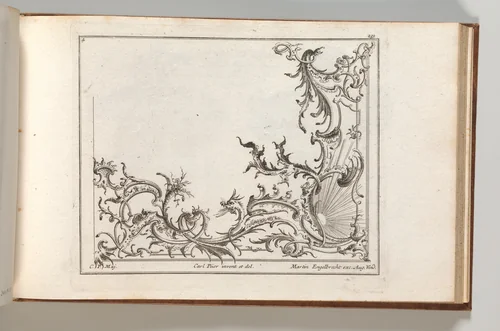 Design for the Decoration of the Lower Right Corner of a Ceiling, Plate 4 from: 'Unterschiedliche neü inventirte Decken oder Plafond.' by Carl Pier, book, 1745-1755