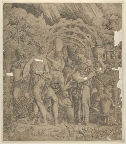Rebecca and Eliezer at the Well by Master IQV, print, 1537-1549