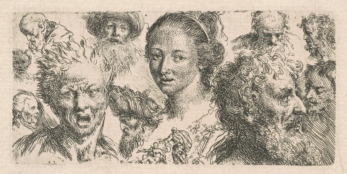 Studies of Eleven Heads by Bartholomäus Ignaz Weiss, print, 1770