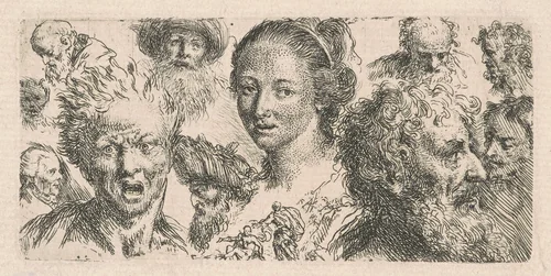 Studies of Eleven Heads by Bartholomäus Ignaz Weiss, print, 1770