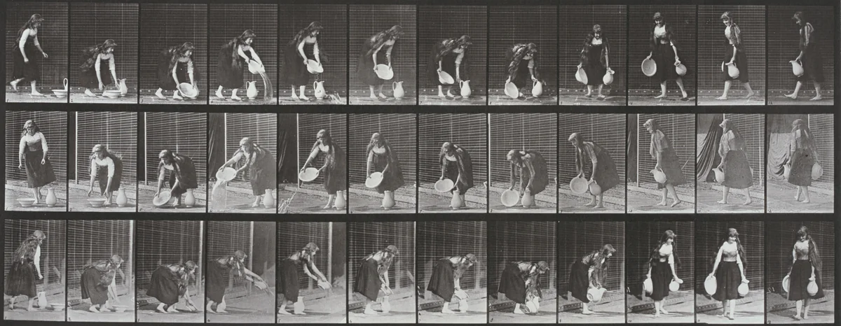 Plate Number 234. Lifting and emptying a basin of water and turning by Eadweard Muybridge, photograph, 1887