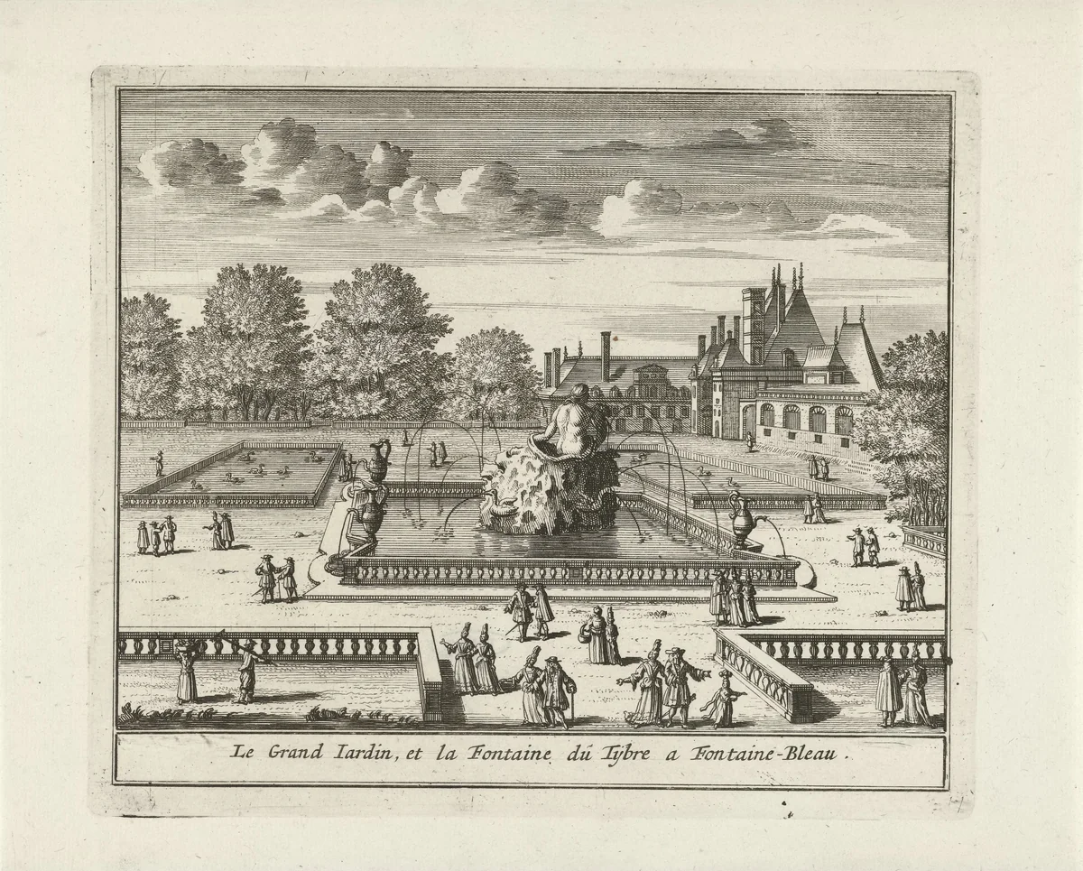 Gezicht op de Grand Jardin en de Bassin de Tibre van het paleis van Fontainebleau by Jan Lamsvelt, print, 1726-1743