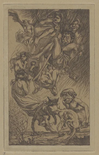 Zwevende mensen, fantasiewezens en katten by Johannes Josephus Aarts, print, 1881-1934