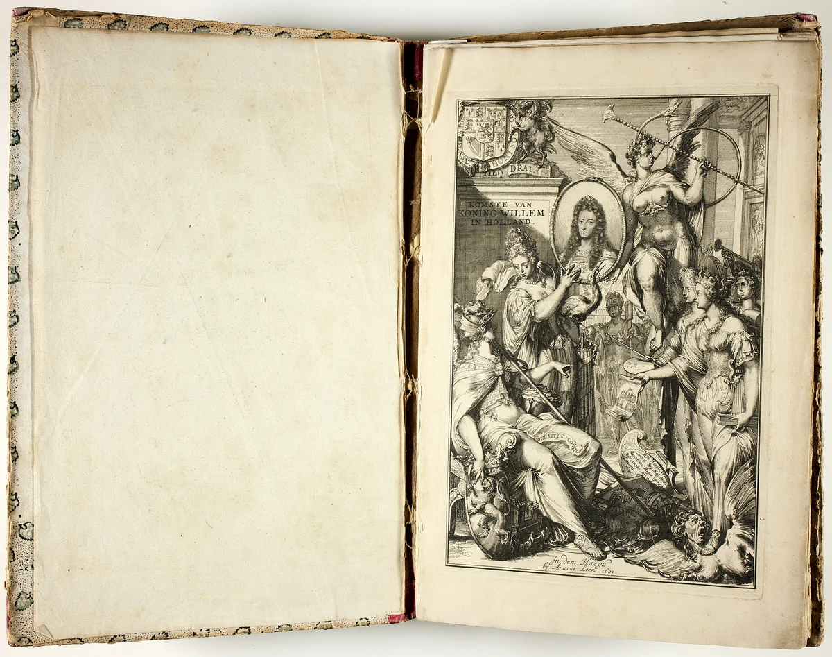 Entry of His Majesty William III, King of Great Britain, etc., in Holland; or Detailed Descriptions of Everything Related to His Arrival and Sojourn in the Hague and Elsewhere, as Decorations of Honor Were Erected Everywhere (Komste van Zyne Majesteit Willem III, Koning van Groot Britanje, enz. in Holland; ofte Omstandelyke Beschrijving van Alles, Het Welke op des Zelfs Komste en Geduurende Zyn Verblyf, in 's-Graavenhaage en Elders, ten Teeken van Vreugde en Eere, is Opgerecht en Voorgevallen) by Romeyn de Hooghe
Pieter Stevens van Gunst
Jan Henrik Brandon
Arnout Leers, book, 1691