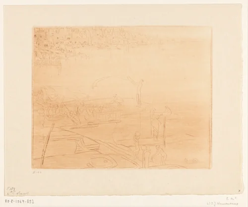 Wassende en zittende figuren aan de oever van de Ganges in Benares by Wijnand Otto Jan Nieuwenkamp, print, 1917