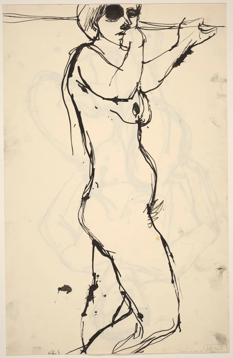 Untitled [standing nude holding a support with her left hand] [verso] by Richard Diebenkorn, drawing, 1955-1967
