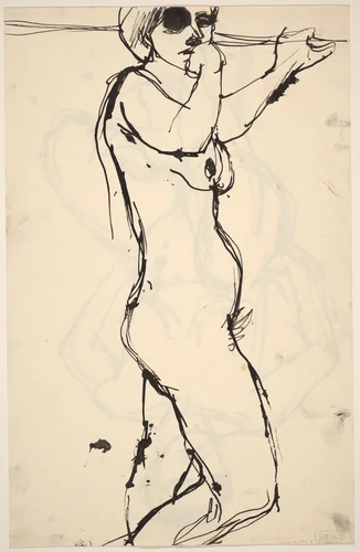 Untitled [standing nude holding a support with her left hand] [verso] by Richard Diebenkorn, drawing, 1955-1967