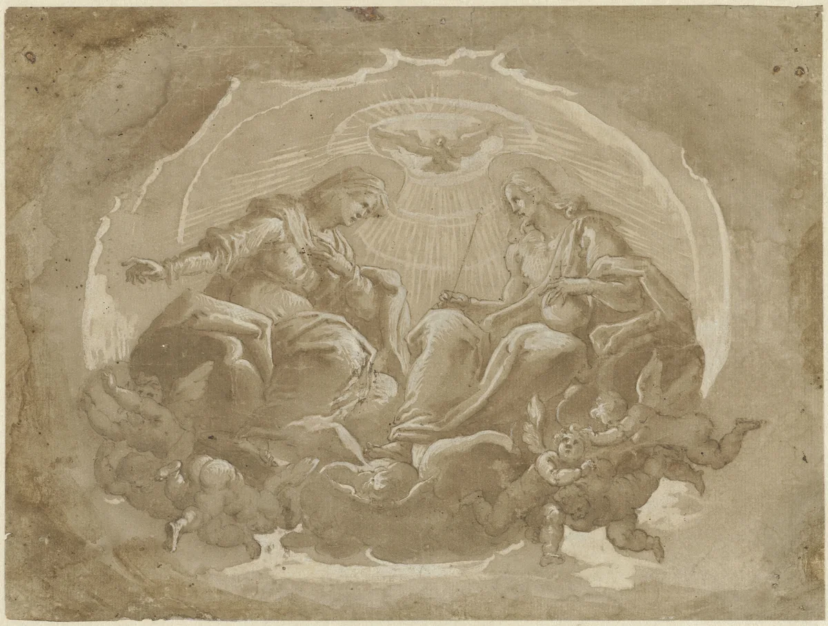 Maria als middelares en Christus als Heer der Wereld by Pier Francesco Morazzone, drawing, 1581-1626