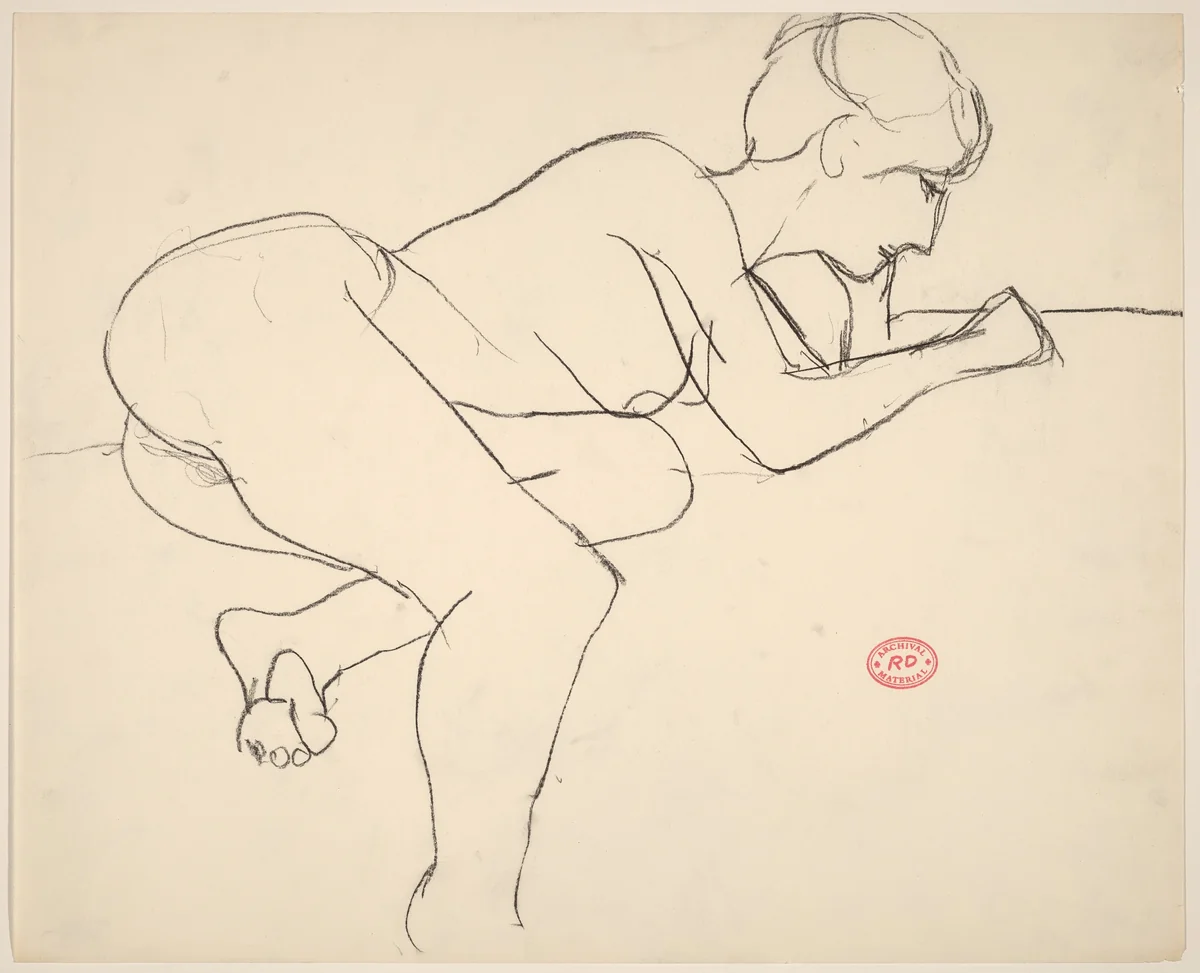 Untitled [female nude leaning forward on her arms] by Richard Diebenkorn, drawing, 1955-1967