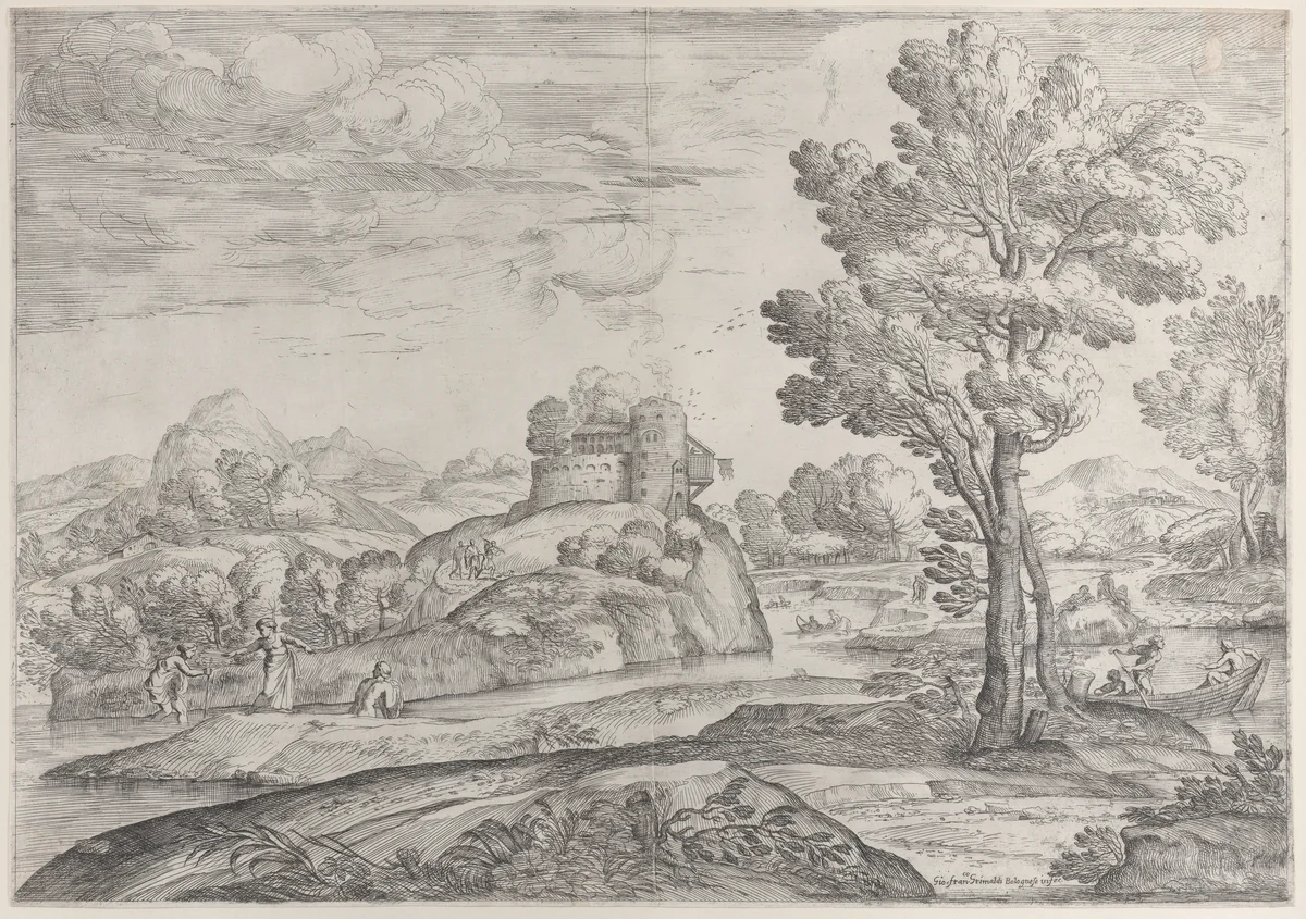 A house atop a round rock at center, people in the river and in canoes throughout by Giovanni Francesco Grimaldi, print, 1626-1680