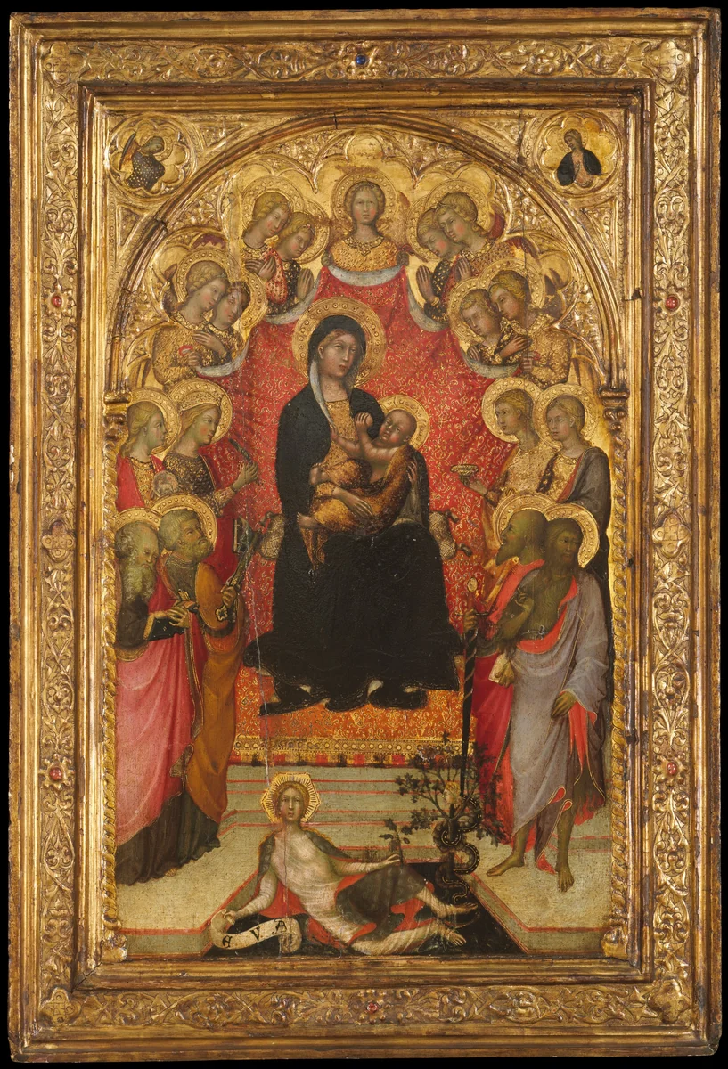 Madonna and Child Enthroned with Saint John the Evangelist, Saint Peter, Saint Agnes, Saint Catherine of Alexandria, Saint Lucy, an Unidentified Female Saint, Saint Paul, and Saint John the Baptist, with Eve and the Serpent; the Annunciation by Paolo di Giovanni Fei, painting, 1382-1393