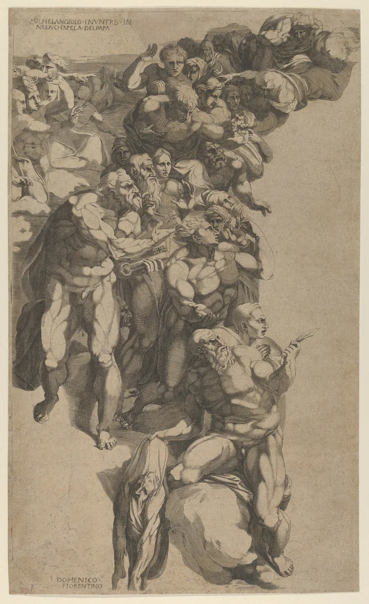 Group from Last Judgment, St. Bartholomew, St. Peter, and other Apostles by Domenico del Barbiere, print, 1475-1565