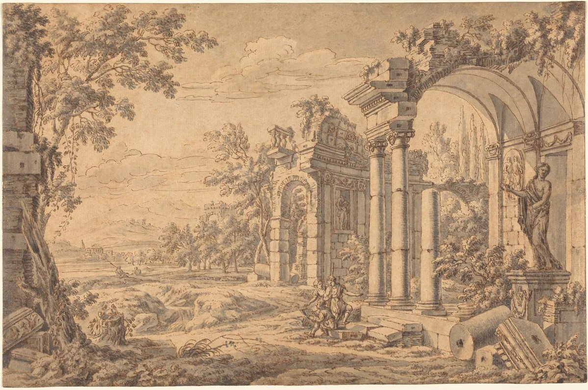 Landscape with a Draftsman among Ancient Ruins by Johann Oswald Harms, drawing, 1643-1708