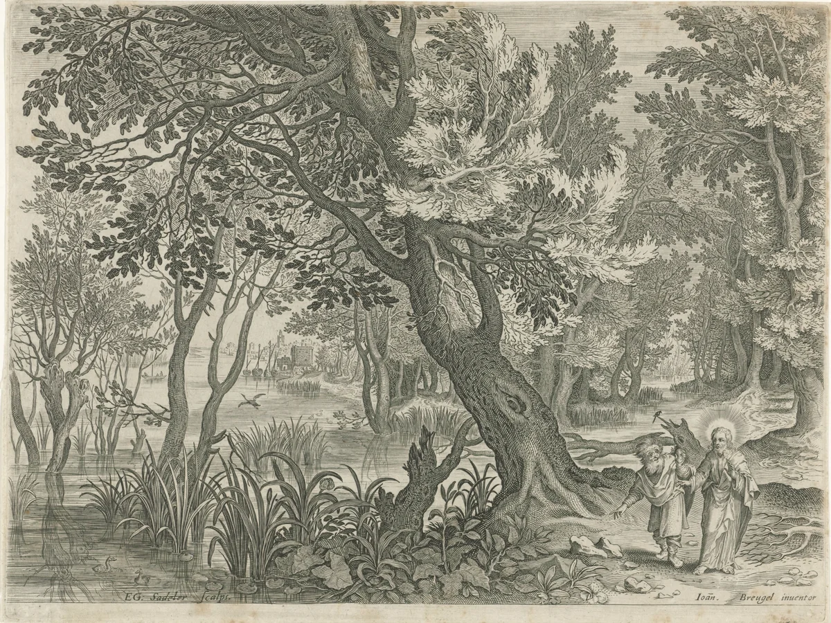 Landschap met de verzoeking van Christus by Unknown, print, 1580-1629