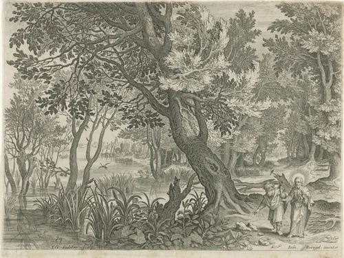 Landschap met de verzoeking van Christus by Unknown, print, 1580-1629