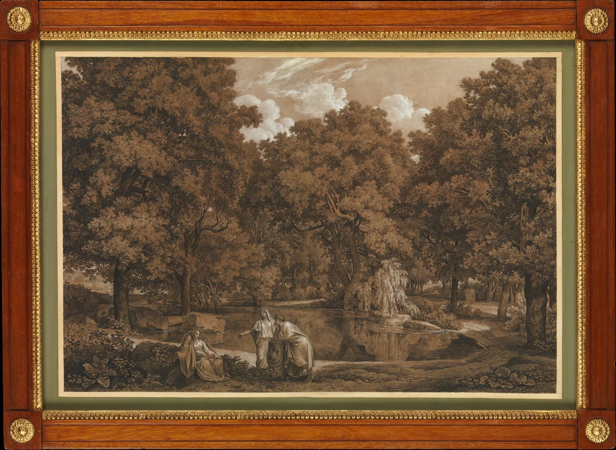 Arcadian Landscape with Three Figures at a Lake by Johann Christian Reinhart, drawing, 1792