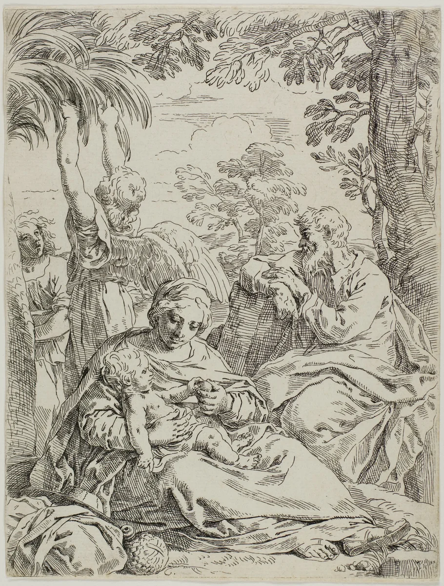 Rest on the Flight into Egypt by Simone Cantarini, print, 1632-1684