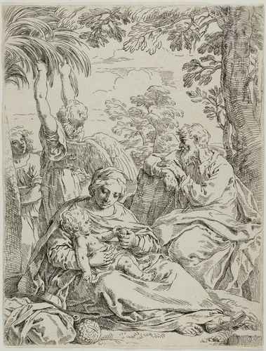 Rest on the Flight into Egypt by Simone Cantarini, print, 1632-1684