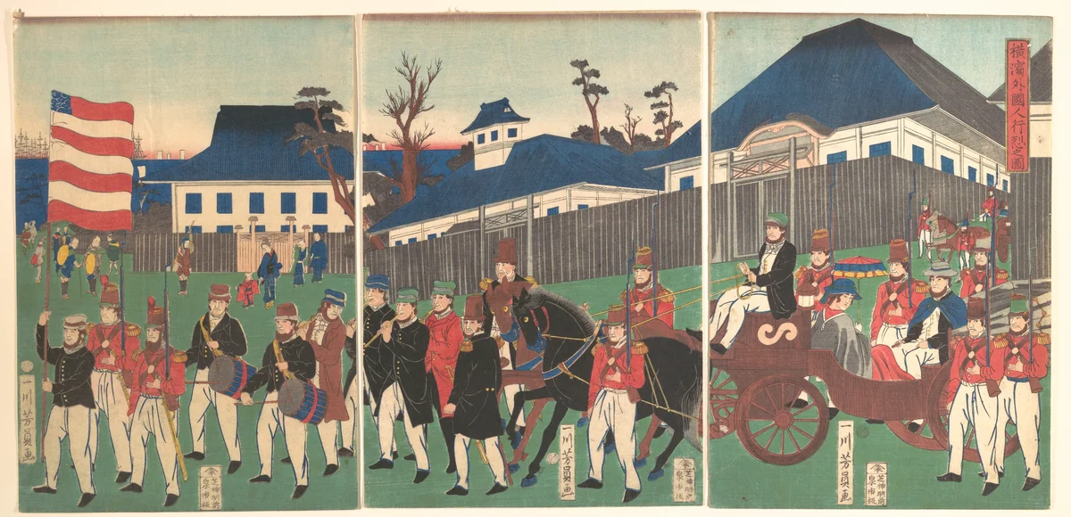 Picture of a Procession of Foreigners at Yokohama by Utagawa Yoshikazu, print, 1861