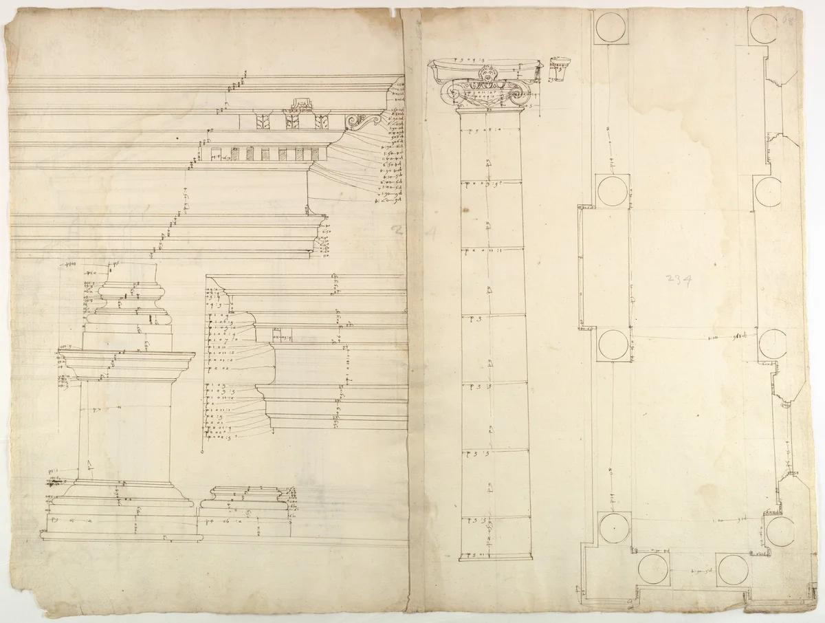 Palazzo dei Conservatori, portico, plan; façade cornice, elevation; minor order, cornice; column, elevation; pedestal, elevation (recto); Palazzo dei Conservatori, portal, elevation; section (verso) by anonymous, drawing, 1500-1560