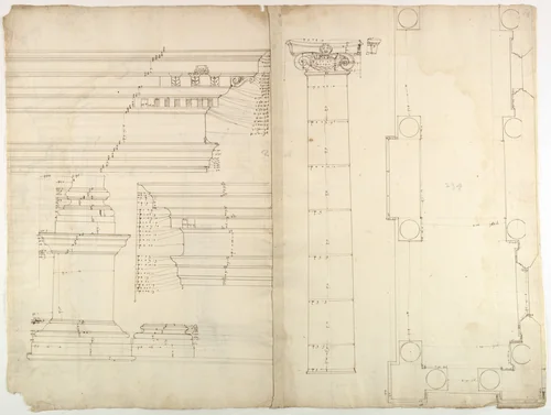Palazzo dei Conservatori, portico, plan; façade cornice, elevation; minor order, cornice; column, elevation; pedestal, elevation (recto); Palazzo dei Conservatori, portal, elevation; section (verso) by anonymous, drawing, 1500-1560