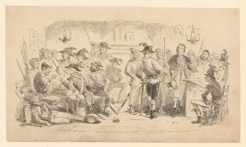 Kamer met drinkende en rokende soldaten by Hablot Knight Browne, print, 1859