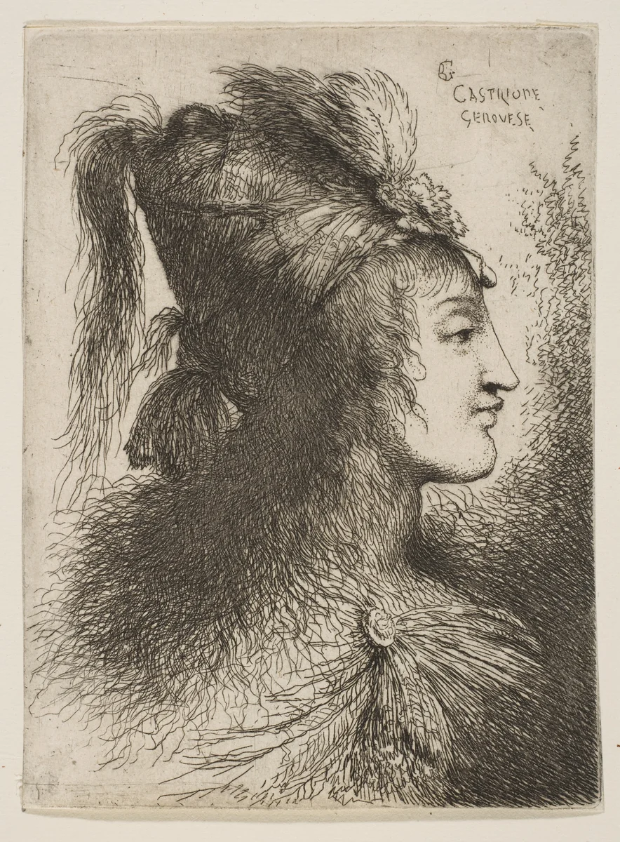Young man wearing a plumed turban, facing right, from "Small Heads in Oriental Headdress" by Giovanni Benedetto Castiglione, print, 1640-1650