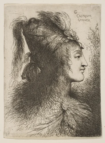 Young man wearing a plumed turban, facing right, from "Small Heads in Oriental Headdress" by Giovanni Benedetto Castiglione, print, 1640-1650