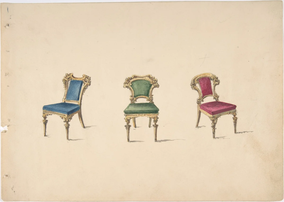 Design for Three Chairs with Blue, Green and Red Upholstery by anonymous, drawing, 1800-1850
