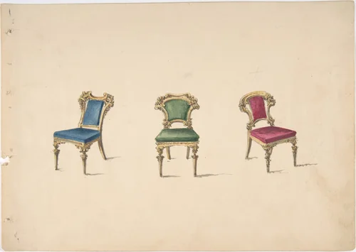 Design for Three Chairs with Blue, Green and Red Upholstery by anonymous, drawing, 1800-1850