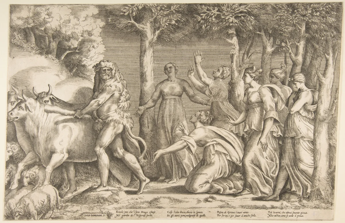 Hercules driving off the cattle of Geryon, at the right are the nymphs of Hesperides by Giulio Bonasone, print, 1531-1576