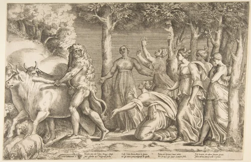 Hercules driving off the cattle of Geryon, at the right are the nymphs of Hesperides by Giulio Bonasone, print, 1531-1576