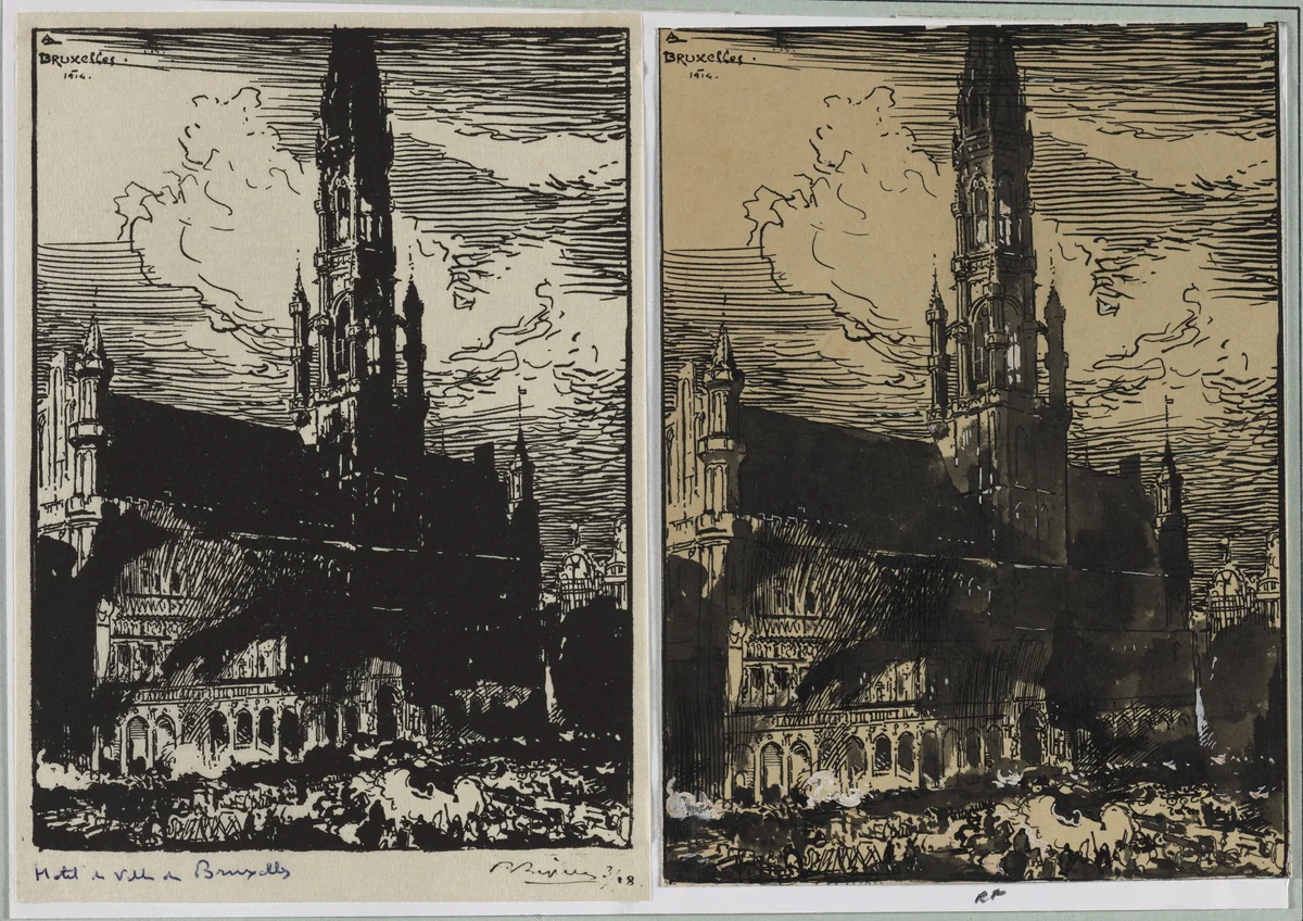 Hôtel de Ville de Bruxelles en feu by Auguste Louis Lepère, drawing, 1914