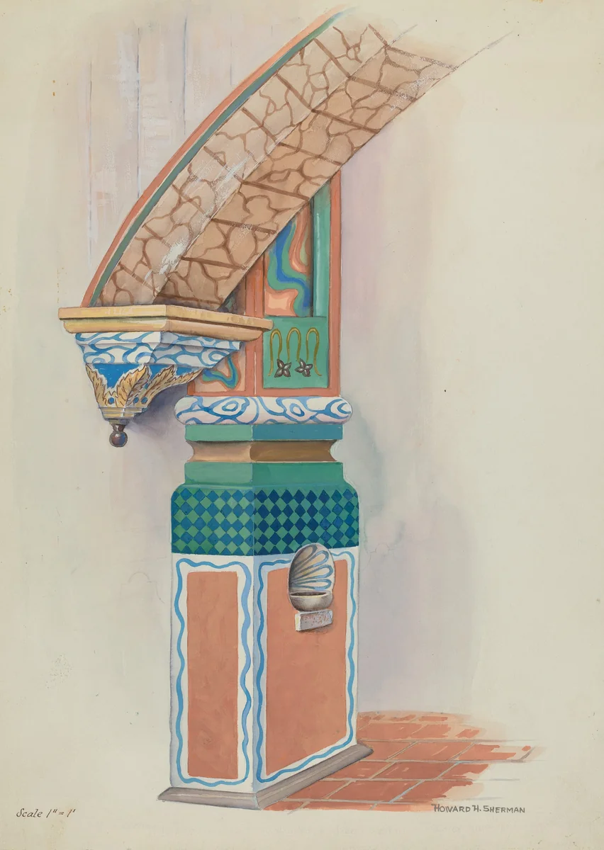 Pilaster with Holy Water-Font & Arch Below Choir Loft by Howard H. Sherman, index of american design, 1936