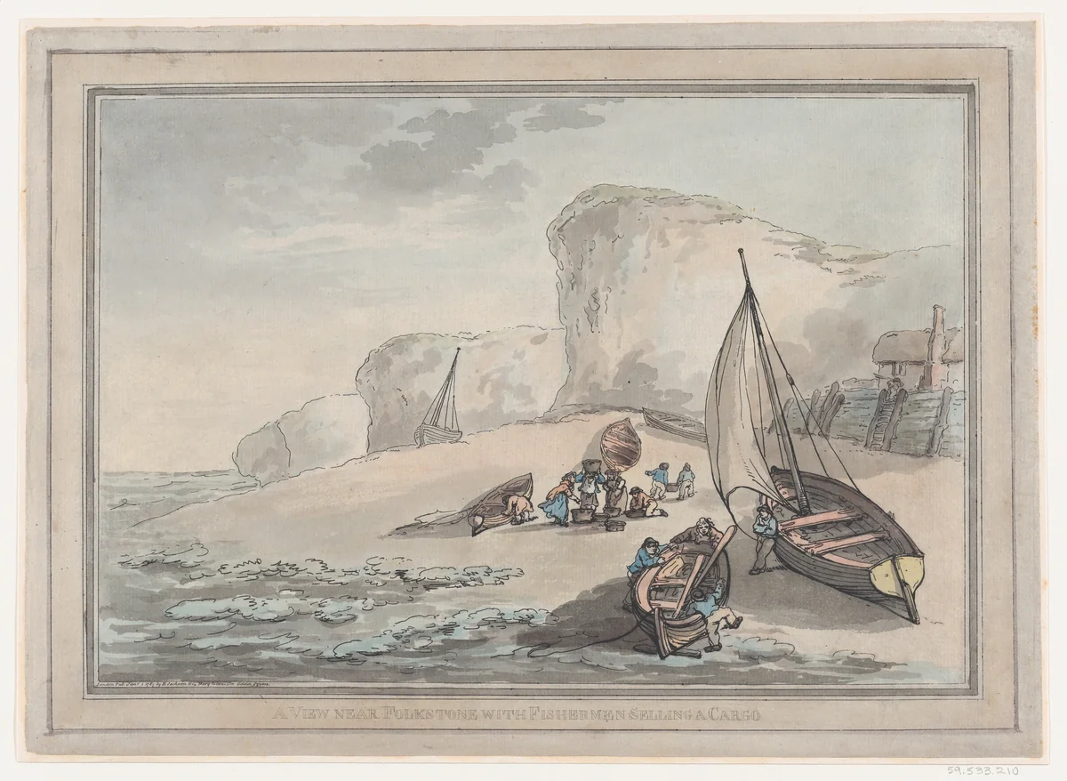 A View near Folkstone with Fishermen Selling a Cargo by Thomas Rowlandson, print, 1787