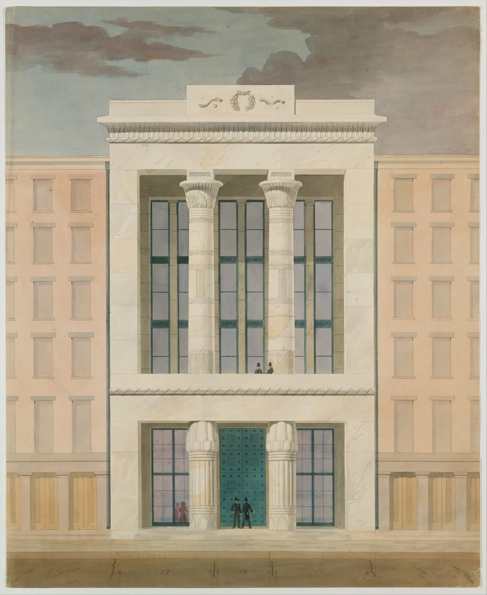 American Institute, New York City (front elevation) by Alexander Jackson Davis, drawing, 1834-1835