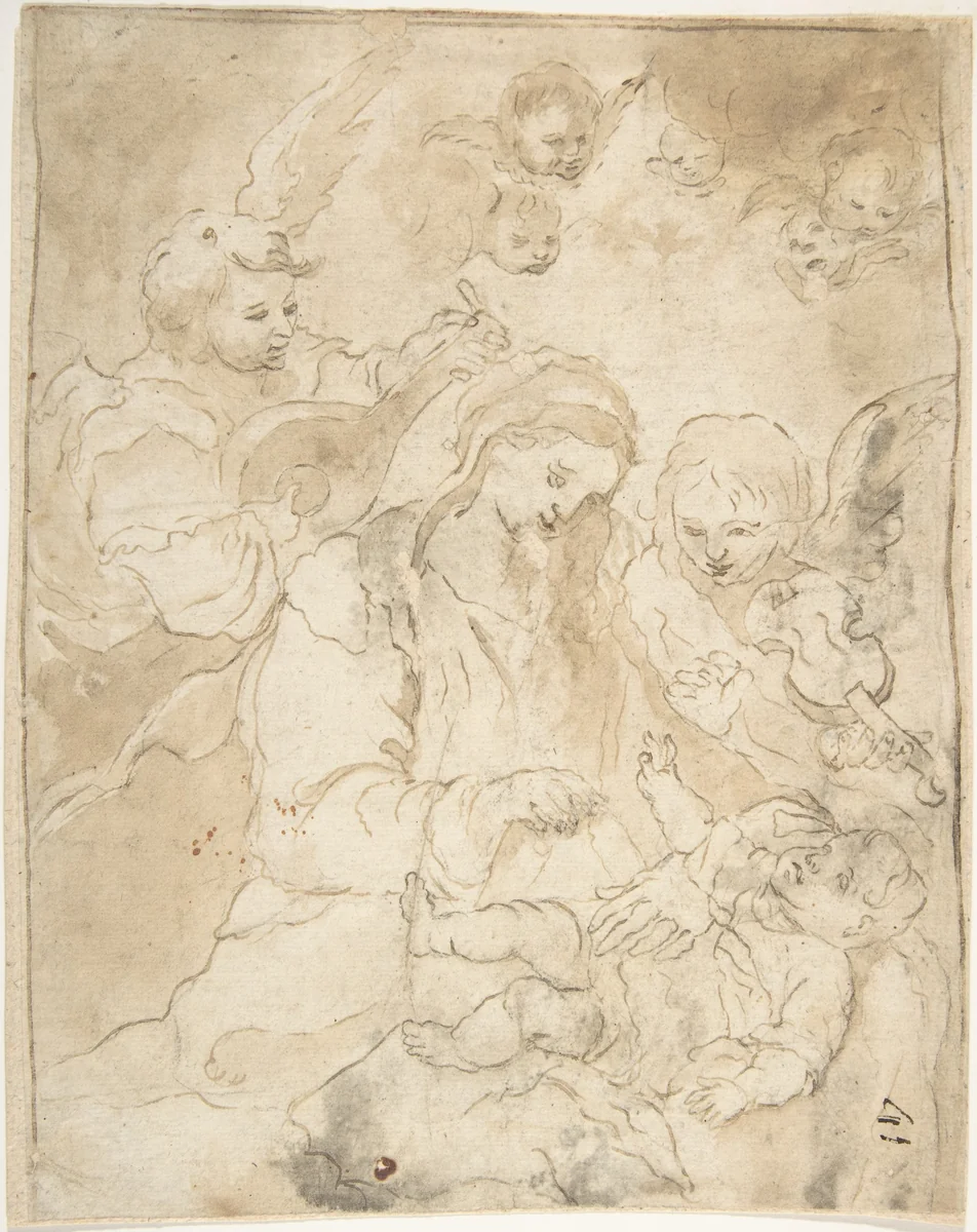 Madonna and Child with Angels Playing Lute and Viola da Braccio by anonymous, drawing, 1600-1700