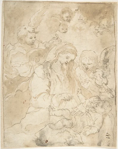 Madonna and Child with Angels Playing Lute and Viola da Braccio by anonymous, drawing, 1600-1700