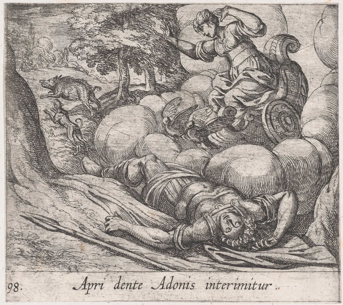 Plate 98: The Metamorphosis of Adonis (Apri dente Adonis interimitur), from Ovid's 'Metamorphoses' by Antonio Tempesta, print, 1606