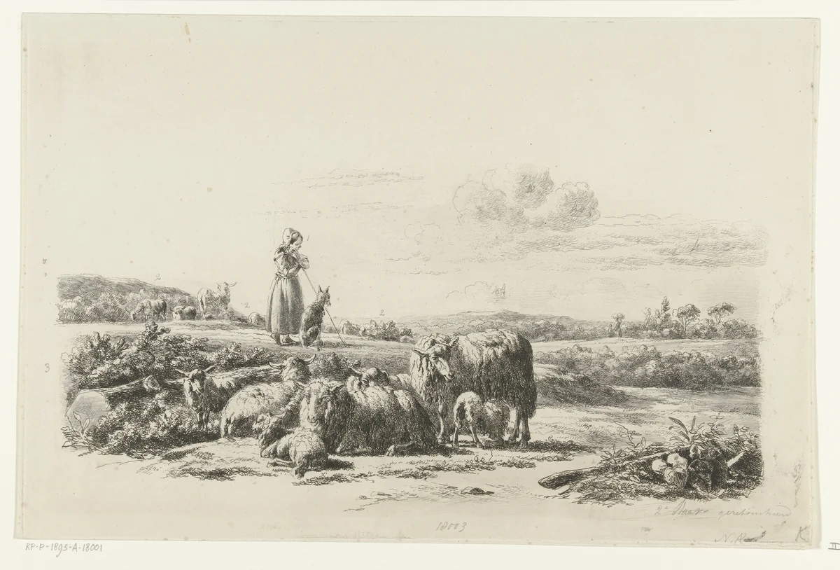 Landschap met herderin en hond bij kudde schapen by Simon van den Berg, print, 1822-1893