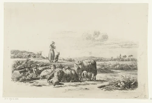 Landschap met herderin en hond bij kudde schapen by Simon van den Berg, print, 1822-1893