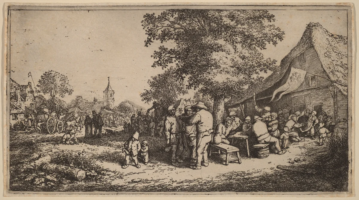 Village Kermesse with Drinkers Under a Tree by Adriaen van Ostade, print, 1647-1657